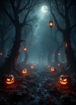 A dark, spooky forest filled with towering, twisted trees and a blanket of fog rolling across the forest floor. Dimly glowing lanterns float in the air, casting an eerie light through the mist. Shadows seem to move between the trees, and the sound of rustling leaves creates a sense of unease. Glowing Jack-o'-lanterns are scattered among the roots of the trees, their faces carved with sinister expressions. The environment feels magical yet ominous, perfect for Halloween night. Photorealistic, detailed forest scene. FluxBoost,DarkHalloween,Midjourney_Whisper