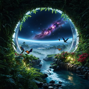 photoultrarealistic style of a a hyperrealistic photography of a Inside the dome of a spaceship colony, lush vegetation thrives with vibrant flowers in shades of purple, red, and gold. Emerald vines intertwine with ferns, and floating gardens hover gracefully. Glowing bioluminescent plants illuminate the surroundings, attracting butterflies and hummingbirds. Crystal streams meander through the landscape, leading to misty waterfalls. Through the transparent dome, the starry expanse of space is visible, featuring a colorful nebula and a distant view of Earth. ultra detailed, ultra realistic, with dramatic polarizing filter, sharp focus, HDR, 64K, 16mm, color graded portra 400 film, remarkable color, 
hyperrealistic,