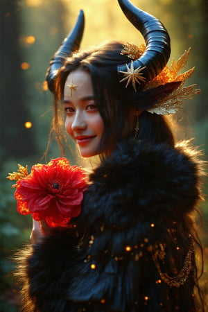 In a majestic, golden-lit studio, a lone female figure stands with piercing brown eyes fixed directly on the viewer. Her raven-black locks cascade down her back, adorned with a delicate hair ornament that sparkles like stars. A subtle fur trim accents her upper body, as she cradles a vibrant red flower in her hand. Her parted lips curve into a subtle smile, while a pair of small horns peek out from beneath her flowing tresses. The background softly blurs, creating a shallow depth of field that draws attention to the subject's striking features. A delicate hair flower adds a touch of whimsy to this epic fantasy portrait.EpicFantasy