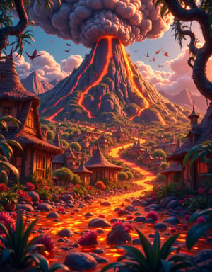 A whimsical cartoon art style illustration depicts a tiny village nestled at the foot of a colossal volcano. As the mountain erupts, lava and ash burst forth into the air, engulfing everything in its fiery path. Villagers frantically flee as the ground trembles violently. The camera zooms in on the molten rock's descent down the mountainside, consuming all in its fiery wake. In the distance, a massive ash cloud darkens the sky, while villagers' screams echo through the chaos.