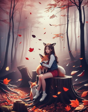 half_body, Masterpiece, 8K resolution, hyper-realistic, raw photo aesthetic. vintage style, A young woman with a fox ears and soft smile, short, wavy dark brown hair, and detailed brown eyes with small earrings. Her features are flawlessly beautiful, with subtle, inner shirt, sleeveless jacket and blue shorts enhancements. (((She sitting on a small size tree stump in a forest, flower garden, hug the cute fox cub))) at dark night, colorful (autumn leaves falling around her:1.2), dinamic_pose, ABMautumnleaf,neon background