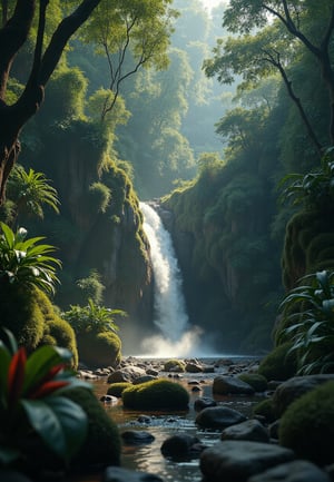 A serene waterfall cascades down moss-covered rocks within a dense jungle atmosphere and jungle flower. Dappled sunlight filters through the lush green canopy above, casting intricate patterns on the forest floor. A misty veil rises from the water's edge, surrounded by vibrant tropical foliage and exotic plants.