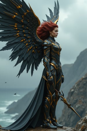 full_body, a young beautiful girl wear a VALKYRIE archangel armored suit, standing cofidently on top of mountain cliff, her (((large, intricately high-tech mecha feathered metal wings))) spread wide as if shielding the viewer from the turbulent weather. The archangel's armor glints with an oil-painted sheen, its intricate details and folds expertly rendered in shades of metallic black carbon fibre and gold steel. (((holding a huge black and gold intricate magic wand))). Her piercing gaze, dark red hair, seems to defy the raging storm, as if calling forth a mighty reckoning. ultra-realistic, ultra-detailed,Angelic Knight