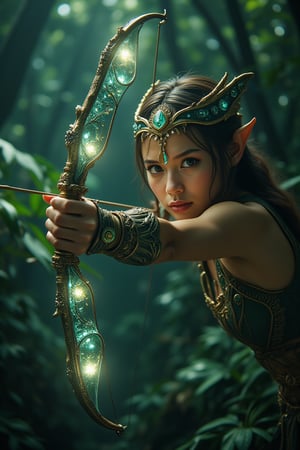 In a cinematic close-up, the camera captures the majestic elf archer from a low-angle shot, surrounded by the lush, vibrant foliage of a dark and mystical tropical jungle. The subject's face is rendered in exquisite detail, with a beauty that borders on perfection. Her eyes gleam like polished gemstones as she holds her majestic crystal bow, adorned with intricate glasswork and glowing with an ethereal light. In the background, the jungle's secrets unfold with crisp textures, sharp focus, and crystal-clear clarity, immersing the viewer in a world of fantasy and wonder.