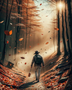 realistic image, vintage style picture, full body, 1man, dinamic_pose, handsome man walking in forest, autumn leaf drop to the ground, seround by mist, gritty, dusty, fantastical, photohyperrealistic, highly detailed, hyper realistic, with dramatic polarizing filter, sharp focus, HDR, UHD, 64K, 16mm, color graded portra 400 film, remarkable color, ultra realistic,,ABMautumnleaf,Extremely Realistic