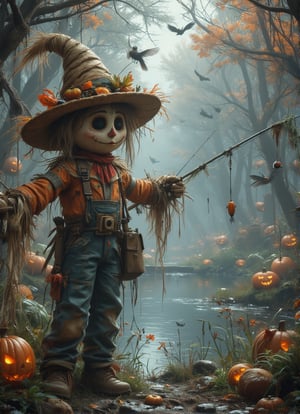 A scarecrow with a straw hat and a fishing rod stands on the bank of a serene pond, casting a line into the still waters. The scarecrow's face is calm and focused, its body still and steady as it waits for a bite. Behind it, a peaceful woodland scene unfolds, with tall trees and dappled sunlight filtering through the leaves. The scarecrow's hat is adorned with a collection of fishing lures and flies, symbols of its love for the quiet and contemplative sport of fishing. DarkHalloween,justart01,cartoon art,Midjourney_Whisper