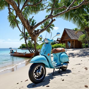 In a breathtakingly detailed image, a rusty and broken light blue Vespa sits majestically on the sandy beach beside a traditional South East Asian wooden house. The camera frames the composition with the curved lines of the vespa contrasting the angular silhouette of the house. A park boat drifts serenely in the distance, while coconut trees sway above, their leaves rustling gently in the breeze. A tall Rhû tree stands proud, its branches tangled in a net. As the sun shines brightly from a clear blue sky, casting a warm glow, the camera captures both an ultra-detailed close-up shot of the vespa and a wide-angle view of the peaceful fishing village scene, with hyper-realistic textures and subtle color nuances that seem almost palpable.