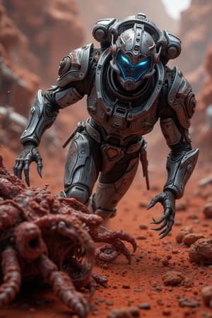 A space marine warrior clad in gleaming power armor, its cerulean visor aglow with tactical data, charges forward amidst the crimson-hued haze of an alien battleground. The rust-red soil beneath is scarred by the scuttling creatures' twisted forms as they writhe in agony, their darkened eyes fixed on the unwavering marine's unyielding determination to vanquish the extraterrestrial threat.