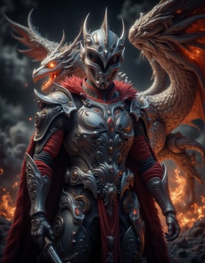 A majestic armoured knight stands vigilantly, adorned in gleaming steel and crimson trim, as a mighty guardian dragon rises behind him. The knight's gaze is fixed on the horizon, his hand grasping a sword hilt, while the dragon's wings spread wide, illuminating the darkening sky with fiery hues. The foreground showcases the knight's imposing figure, set against a dramatic background of clouds and flames.,FluxBoost,The Guardian DRagon,Fantasy detailers,Midjourney_Whisper,Fantasy detailers 