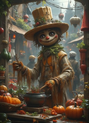 A scarecrow with a straw hat and a chef's hat stands at a bustling market stall, chopping vegetables and stirring a simmering pot. The scarecrow's face is focused and determined, its hands quick and skilled as it prepares a delicious meal. Behind it, a vibrant market scene unfolds, with stalls selling fresh produce and handmade goods. The scarecrow's hat is adorned with a collection of kitchen utensils and spices, symbols of its love for cooking and the joy of creating delicious dishes for others to enjoy. DarkHalloween,justart01,cartoon art,Fantasy detailers 