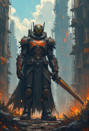 hero wear a mecha armour suit with sleek futuristic high-tech design inspired by Makoto Kobayashi, holding a super massive high-tech great sword. standing heroic at ruin and broken collapes skyscrapper city
 cartoonish 3D painting,justart01