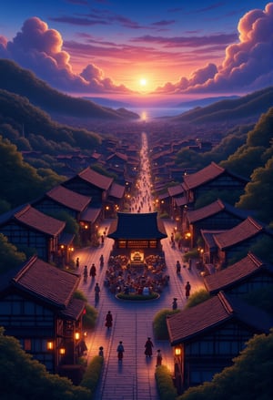 Capture a serene scene of a charming Japanese village at dusk, with narrow streets lined by ancient wooden houses adorned with sliding screens and tiled roofs, nestled among lush greenery and tranquil gardens. The warm glow of lanterns and the soft hues of the setting sun illuminate the picturesque town square, where villagers gather around a traditional tea house, surrounded by vibrant cherry blossom trees.Anime Ghibli Style, 