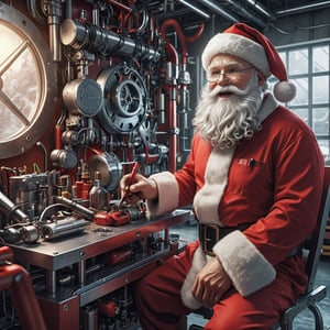 (masterpiece, best quality, high_res, realistic, epic), Santa Claus is an inventor, (((dressed in a mechanic suit))), in a lab he designing a high-tech (((santa sled))), action_pose,

