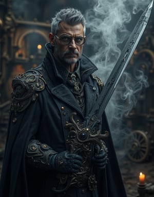 A mysterious, bespectacled alchemist stands amidst a swirling vortex of steam and smoke, eyes aglow with an otherworldly intensity. His long coat is adorned with brass buttons and intricate copper filigree, as he grasps a demonic-looking sword with a dark, eye gemstone-encrusted hilt. The air is thick with the scent of sulfur and oil, as gears and clockwork mechanisms whir to life in the background.