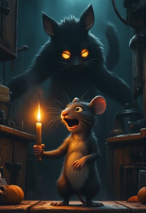 Close-up shot of an anamorphic mouse's terrified face, illuminated solely by the soft glow of his held candle. His mouth is agape, frozen in shock as he gazes up at a looming, cat-shaped black shadow dominating the frame. The dimly lit kitchen setting adds to the sense of foreboding, the only sound being the gentle flicker of the candle's flame.justart01,Anime Ghibli Style,cartoon art