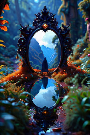 A dark, ornate mirror used for scrying, showing a vivid, otherworldly landscape within its reflection, with a mysterious figure peering in. EpicFantasy,H-Q hyperrealistic, 