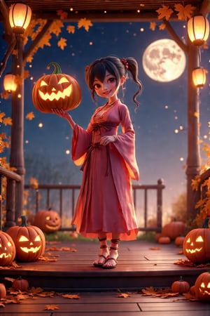 A whimsical 3D cartoon anime pumpkin girl stands proudly on a wooden porch, surrounded by autumnal foliage and twinkling lanterns. She's adorned with intricately carved jack-o-lantern features, her bright orange skin glistening in the warm orange-yellow glow of a full moon night. A flowing pink kimono drapes around her animated form, as she holds a glowing pumpkin candle aloft, its flame dancing across her face in a playful smile.3D Cartoon Anime