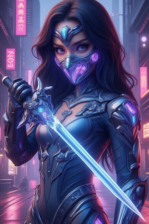 In a vibrant cartoon-style illustration,half_body view of A futuristic cyborg woman, wavy long black hair, donning a modern cyan colour jubah suit with metallic gun metal armor, and mouth mask, with protector headband, stands confidently in a neon-lit cityscape. Her piercing gaze is framed by the glowing lights of towering skyscrapers. In her hand, she wields an intricate, glowing, shiny light blue and purple cybernetic transparent crystal long sword with an intricate pattern, sleek and long, emitting light,, its facets reflecting the vibrant hues of the urban landscape. The darkened alleys and bustling streets provide a gritty backdrop for this technological warrior's powerful stance.Crystal Sword, Cyborg NH,cartoon art