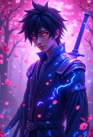 In this breathtaking photograph, a majestic young man with striking red eyes and spiky black hair stands confidently amidst a whimsical atmosphere. He dons glowing blue and purple armor, its delicate plates glistening in the twilight. neon Cherry blossoms gently float down from above, blending seamlessly with the foggy backdrop. His face, illuminated by studio lighting, turns towards the viewer, radiating an air of mystery. Holding his sword with electrical arcing, he exudes elegance and power. The overall effect is a photorealistic masterpiece that transports us to a fantastical realm.Anime 3D CGI-ABM,FluxBoost