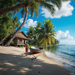 a hyperrealistic photography of a breathtakingly detailed image, an old South East Asian man standing on the sandy beach island beside a old traditional South East Asian wooden house. while coconut trees sway above, their leaves rustling gently in the breeze. A tall Rhû tree stands proud, its branches tangled in a net. As the sun shines brightly from a clear blue sky, casting a warm glow and shadow, the camera captures both an ultra-detailed close-up shot of the boat and a wide-angle view of the peaceful fishing village scene, with hyper-realistic textures and subtle color nuances that seem almost palpable. ultra detailed, ultra realistic, with dramatic polarizing filter, sharp focus, HDR, 64K, 16mm, color graded portra 400 film, remarkable color, 
hyperrealistic,