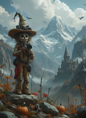 A scarecrow with a straw hat and a camera stands on a rocky outcropping, capturing the beauty of the surrounding landscape. The scarecrow's eye is pressed to the viewfinder, its finger hovering over the shutter button as it frames the perfect shot. Behind it, a rugged mountain range looms, its peaks shrouded in mist and mystery. The scarecrow's hat is decorated with a collection of camera lenses and filters, symbols of its passion for photography and the art of capturing moments in time DarkHalloween,justart01,cartoon art