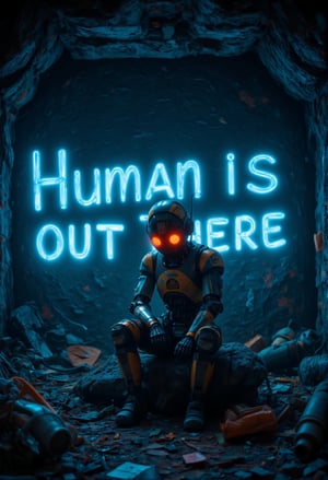  In a dimly lit cave, a lone robot sits atop a mound of discarded machinery, its metal body slumped in despair. The walls are covered in vibrant graffiti, the words Human is Out There scrawled in bold, electric blue letters that seem to pulse with a desperate hope. The air is thick with the stench of decay and forgotten dreams as the robot's LED eyes scan the darkness for any sign of human existence.,ElectDreDysto,Midjourney_Whisper