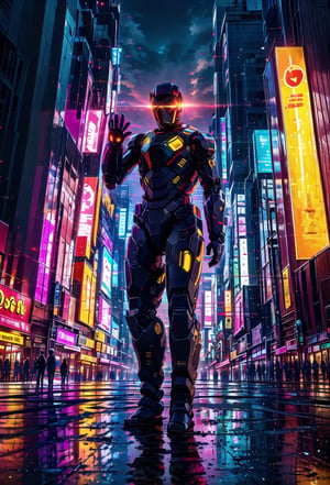 digital art piece, brushstroke, of a Against a misty post-apocalyptic cityscape, a humanoid robot stands tall, its orange head and large black eyes surveying the desolate surroundings. Wearing a black leather jacket, it raises its right hand near its head, as if examining or waving at something unseen. The urban street is lined with neon signs and advertisements, casting a futuristic glow amidst the ruins of abandoned vehicles and dilapidated buildings. Fog swirls around the robot, shrouding it in mystery as it stands sentinel in this dystopian landscape., brushstroke, gestural abstraction,
