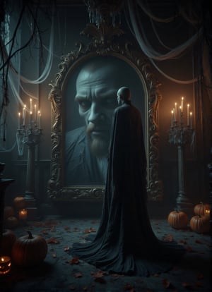 A close-up, cinematic shot of an ancient vampire standing before a large, ornate mirror in a decaying mansion. The mirror, cracked and covered in dust, shows no reflection of the vampire, only the dimly lit, eerie room behind him. Cobwebs hang from the corners of the frame, and flickering candlelight casts long, haunting shadows across the vampire’s pale, emotionless face. FluxBoost,DarkHalloween,Midjourney_Whisper