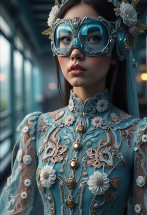 In a mesmerizing, slow-motion sequence, the stunning Malay girl strikes a dramatic full-body pose, her futuristic kebaya dress shimmering in vibrant cyan, white, and golden hues. The half-cyan blindmask visor conceals her eyes, adding an air of mystery to her captivating expression. The camera captures every intricate detail with ultra-smooth realism, as if painted by the finest brushstrokes, in a cinematic shot that embodies the dreamy essence of dreamwave.,FluxBoost,Cyborg Hijab,Cyborg NH,Fantasy detailers 