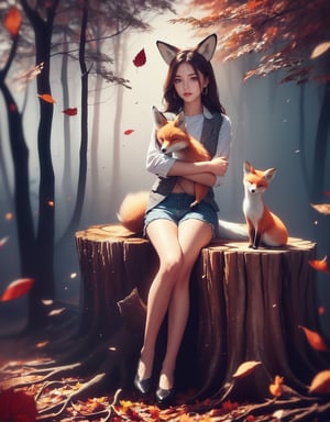 half_body, Masterpiece, 8K resolution, hyper-realistic, raw photo aesthetic. vintage style, A young woman with a fox ears and soft smile, short, wavy dark brown hair, and detailed brown eyes with small earrings. Her features are flawlessly beautiful, with subtle, inner shirt, sleeveless jacket and blue shorts enhancements. (((She sitting on a medium size tree stump in a forest, flower garden, hug the cute fox cub))) at dark night, colorful (autumn leaves falling around her:1.2), dinamic_pose, ABMautumnleaf,neon background