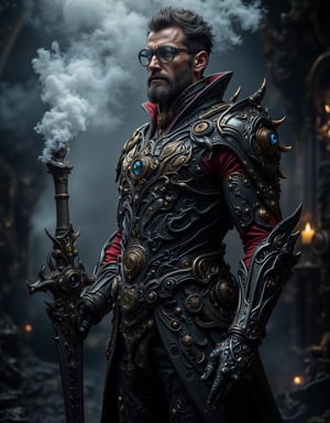 A mysterious, bespectacled alchemist stands amidst a swirling vortex of steam and smoke, eyes aglow with an otherworldly intensity. His long coat power armour is adorned with brass buttons and intricate copper filigree, as he grasps a demonic-looking sword with a dark, eye gemstone-encrusted hilt. The air is thick with the scent of sulfur and oil, as gears and clockwork mechanisms whir to life in the background.