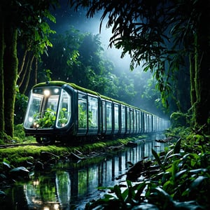 A high-quality hyperrealistic photograph of a futuristic, eco-friendly train with transparent glass carriages filled with vibrant green plants, traveling through a shadowy dark tropical jungle during a dark black night with a dark black starry sky, dark shadowy areas, and no light, zero light, surrounded by diverse flora, a clear river reflecting train light, an ancient broken building covered in moss hidden within the jungle, and ancient broken pillars covered in moss around the jungle, with bad weather. The scene is captured in a super zoom close up view, on ground shot, hyperrealistic, midjourney realistic, photography, hyperdetailed, clear hyperdetailed background, 8k, ultra clear resolution, perfect composition, hyperrealistic texture. eco-friendly train, hyperrealistic,