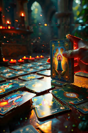 A dramatic scene where a Tarot reader reveals a significant card, with shadows and light playing across the detailed illustrations of the cards. EpicFantasy,H-Q hyperrealistic, 