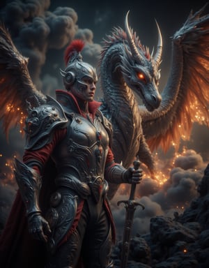 A majestic armoured knight stands vigilantly, adorned in gleaming steel and crimson trim, as a mighty guardian dragon rises behind him. The knight's gaze is fixed on the horizon, his hand grasping a sword hilt, while the dragon's wings spread wide, illuminating the darkening sky with fiery hues. The foreground showcases the knight's imposing figure, set against a dramatic background of clouds and flames.,FluxBoost,The Guardian DRagon,Fantasy detailers,Midjourney_Whisper,Fantasy detailers 