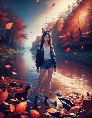 half_body, Masterpiece, 8K resolution, hyper-realistic, raw photo aesthetic. vintage style, A young woman with a fox ears and soft smile, short, wavy dark brown hair, and detailed brown eyes with small earrings. Her features are flawlessly beautiful, with subtle, jacket and blue shorts enhancements. (((She stands beside river))) in forest at dark night, colorful (autumn leaves:1.0) falling around her, dinamic_pose, ABMautumnleaf,neon background