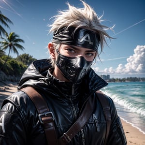 (masterpiece), 1man, spiky hair, white hair, wearing tight tactical ninja flak jacket, leather tactical ninja full mouth mask, leather gloves, and his (((tactical headband with a letter ("A") symbol))), scenery, (at beach background), sparkle, Kakashi Hatake