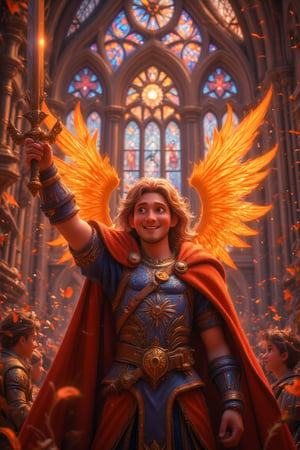 A paladin stands victorious, divine energy emanating from his very presence as he holds aloft a radiant sword that shines like the sun. The air is filled with an otherworldly glow within the majestic walls of a grand cathedral, its stained glass windows refracting hues of gold and blue, as warm sunlight streams through, casting a sense of serenity.