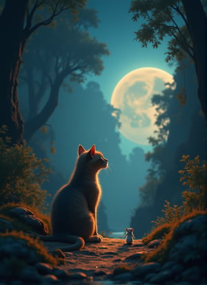 Close-up shot of a curious cat and a tiny white mouse sitting side by side on a grassy cliff, gazing up at a massive full moon suspended in the night sky. The composition is framed by lush greenery and towering tree trunks to the left and right, while the dynamic pose of both subjects showcases their fascination with the celestial wonder above. The camera captures a dynamic angle, emphasizing the intimate moment shared between predator and prey as they momentarily put aside their natural instincts to marvel at the moon's grandeur.10xRFBoost,cartoonish 3D painting,Fantasy detailers 