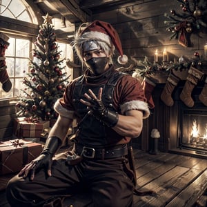 Best quality, high-res photo, cowboy style, (((kakashi hatake))) help (((decorate santa's house into cowboy saloon))) enthusiastically, high detail, (((Western Cowboys‘ christmas Style))), (((wild west trinkets background))), (((christmas tree))), fireplace, wild west vibe, 3d style, cowboy, action_pose, (((wide angle shot))), 