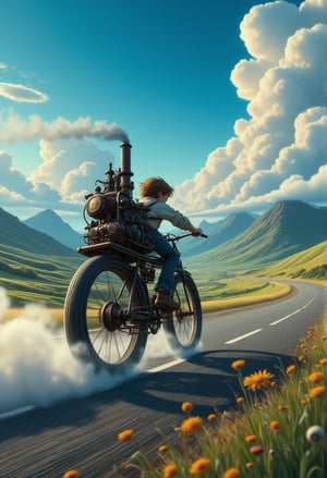 A boy joy ride a bicycle equipped with a steam-engine at the back of bicycle speeding on the road surrounded by hills and vast meadows, low ground angle view,Anime Ghibli Style,FluxBoost