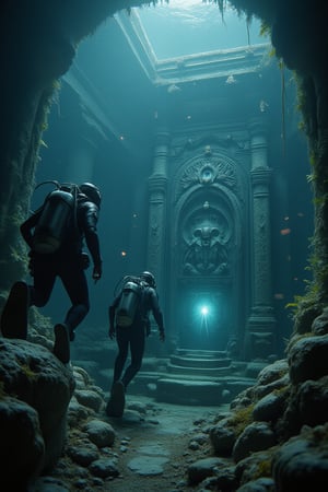 In a mesmerizing extreme close-up view, two scuba divers descend into an underwater realm, surrounded by ancient ruins hidden within the depths of a crystal-clear ocean. The camera captures every intricate detail as glowing fish swim lazily in the background, while submerged statues bear intricate carvings that seem to radiate a soft glow. The divers' flashlights illuminate a large, mysterious door covered in barnacles and centuries-old seaweed, beckoning exploration and discovery beneath the waves.