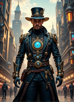 A 25-year-old dashing gent stands proudly in the midst of a thriving steampunk metropolis. He dons a sleek outfit boasting intricate gears, brass filigree, and glowing crystal runes that seem to hum with an ethereal pulse. A futuristic hat, adorned with delicate gears, crowns his stylish ensemble. As he poses dynamically, the city's skyline unfolds behind him: ancient rune stones mingle with modern machinery, while robotic figures move about amidst a kaleidoscope of steampunk architecture and pulsing runes.