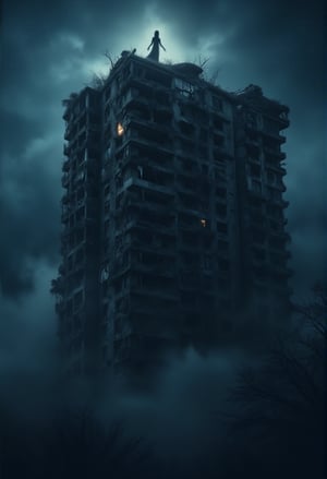 A towering, dilapidated condominium looms against the midnight sky, its windows dark and shattered. Thick, rolling fog clings to the ground, swirling up the sides of the building as if alive. The camera captures a dynamic wide-angle shot, tilted slightly upward, emphasizing the sheer height and eerie desolation of the structure. Faint flickers of movement are visible in the top floor’s broken windows, and the unsettling silhouette of a figure stands ominously on the rooftop, bathed in the glow of a distant full moon.FluxBoost,Midjourney_Whisper,FluxBoost,Midjourney_Whisper