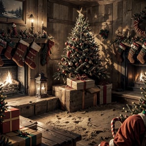 Best quality, high-res photo, cowboy style, (((decorate santa's house into cowboy style))) enthusiastically, high detail, (((Western Cowboys‘ christmas Style))), (((wild west trinkets in background))), (((christmas tree))), fireplace, wild west vibe, 3d style, cowboy, action_pose, (((wide angle shot))), 