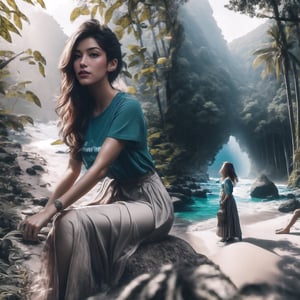 photoultrarealistic, blurry overlay edge between two images, a (man jungle tracking at forest), and other image a (beautiful girl wearing T-shirt and long skirt sitting at beach), detailed face, detailed skin, detailed eyes, Ultra-clear, ultra detailed, ultra realistic, with dramatic polarizing filter, vivid colors, sharp focus, 32K, ABMpicssplit