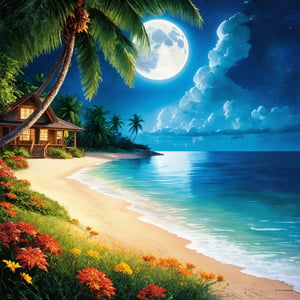 In this exquisite 32K UHD Octane rendering, a remote, idyllic beach scene at night captivates the viewer with its serene beauty. A charming, striking colorful wooden beach house is nestled among tall, striking green coconut trees, creating a picturesque setting. The landscape is further enhanced by beautiful colorful flowers that surround the house. The pristine, white-sand beach and crystal-clear waters with gentle waves lapping at the shoreline add to the scene's allure. The full moon casts a soft, silvery glow over the surroundings, illuminating every detail and emphasizing the tranquility of this enchanting beach paradise.