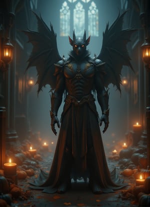 A highly detailed, Victorian-style vampire bat-human hybrid with flowing dark robes, standing in a candlelit gothic cathedral. The bat's wings fold elegantly around its body like a cloak. Shadows play across the walls, adding depth to the intricate gothic architecture around it. GbBoost,Angelic Knight,10xRFBoost,DarkHalloween