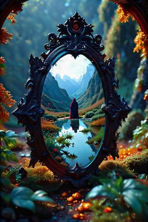 A dark, ornate mirror used for scrying, showing a vivid, otherworldly landscape within its reflection, with a mysterious figure peering in. EpicFantasy,H-Q hyperrealistic, 