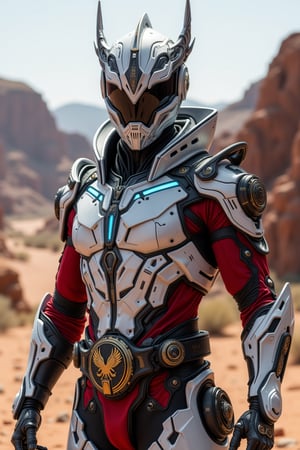 In a breathtaking 8x-UltraSharp upscaling ultra-realism portrait of ((full body)) image of a male character protagonist, wearing a detailed, apex techwear futuristic half white and red armour, semi-armored suit, apex high-tech mask helmet, and a sleek belt with a black and gold pegasus emblem, metallic textures, glowing blue highlights, standing heroic against a desert canyon background. intricate details, ultra-realism details, 32k, Super High definition, Vibrant Colors, Ultra Smooth, ultra-realism, cinematic shot, dreamwave, aesthetic,