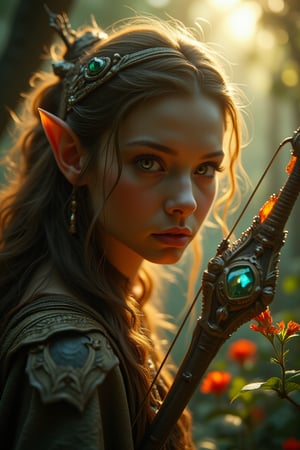 In a cinematic close-up, the camera captures the breathtaking beauty of an elf archer from a low-angle shot, as if looking up at them through a lush canopy. The setting sun casts a warm, golden light on her flawless features, with intricate details rendered in high definition. Her eyes sparkle like gemstones, and her skin glows with a subtle sheen. The crystal bow, adorned with colorful glasswork, seems to radiate an inner light, as if infused with magic. In the background, glowing flowers and plants surround her, their delicate textures and vibrant colors visible in stunning detail. Every element – from the elf's hair to the surrounding foliage – is sharply focused, with no blur or mist obscuring the view. The result is a masterpiece of ultra-realistic photography, transporting viewers into an epic fantasy realm.